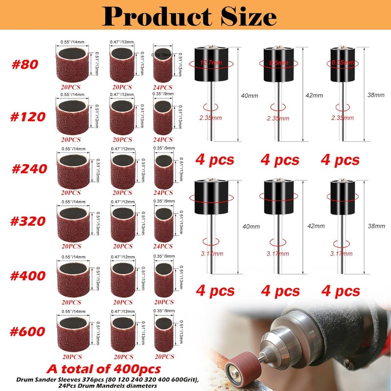 Sunxeke 400 Pieces Sanding Drums Kit,Drum Sander Sleeves 376pcs (80 120 240 320 400 600Grit),24Pcs Drum Mandrels diameters,Sanding Bits Tool Accessories for Dremel Rotary Tool - Image 2